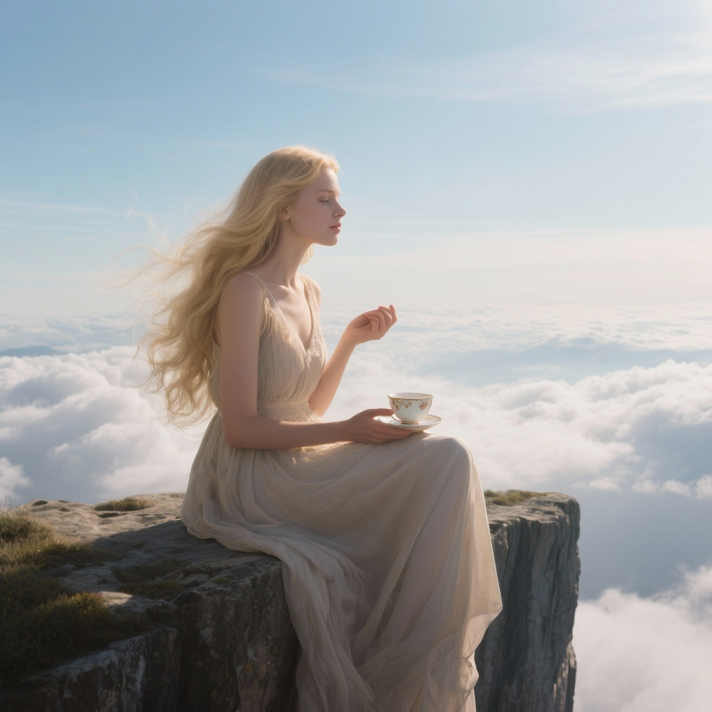 beautiful woman drinking tea on the edge of a cliff above the clouds