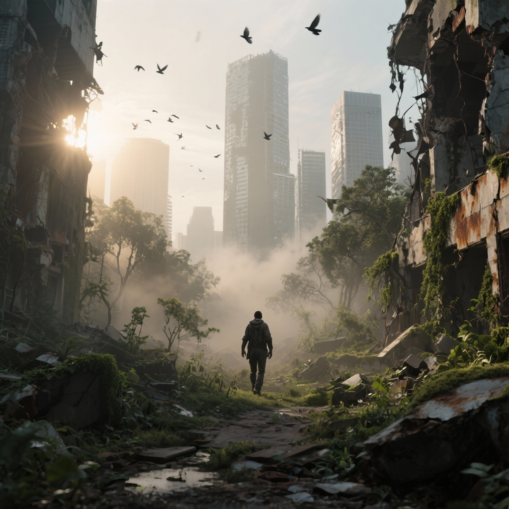 lone survivor walking through overgrown ruins of a city