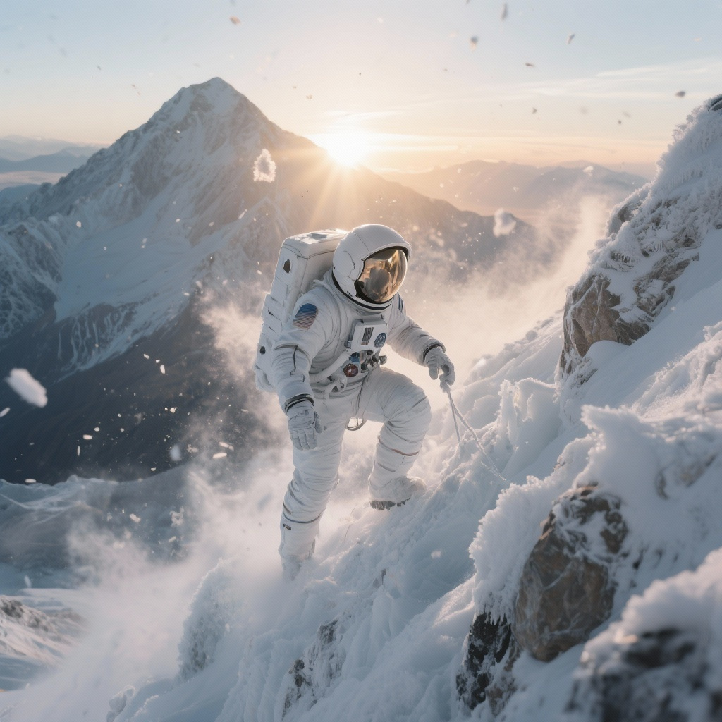 astronaut climbing Mount Everest covered in ice and sunlight