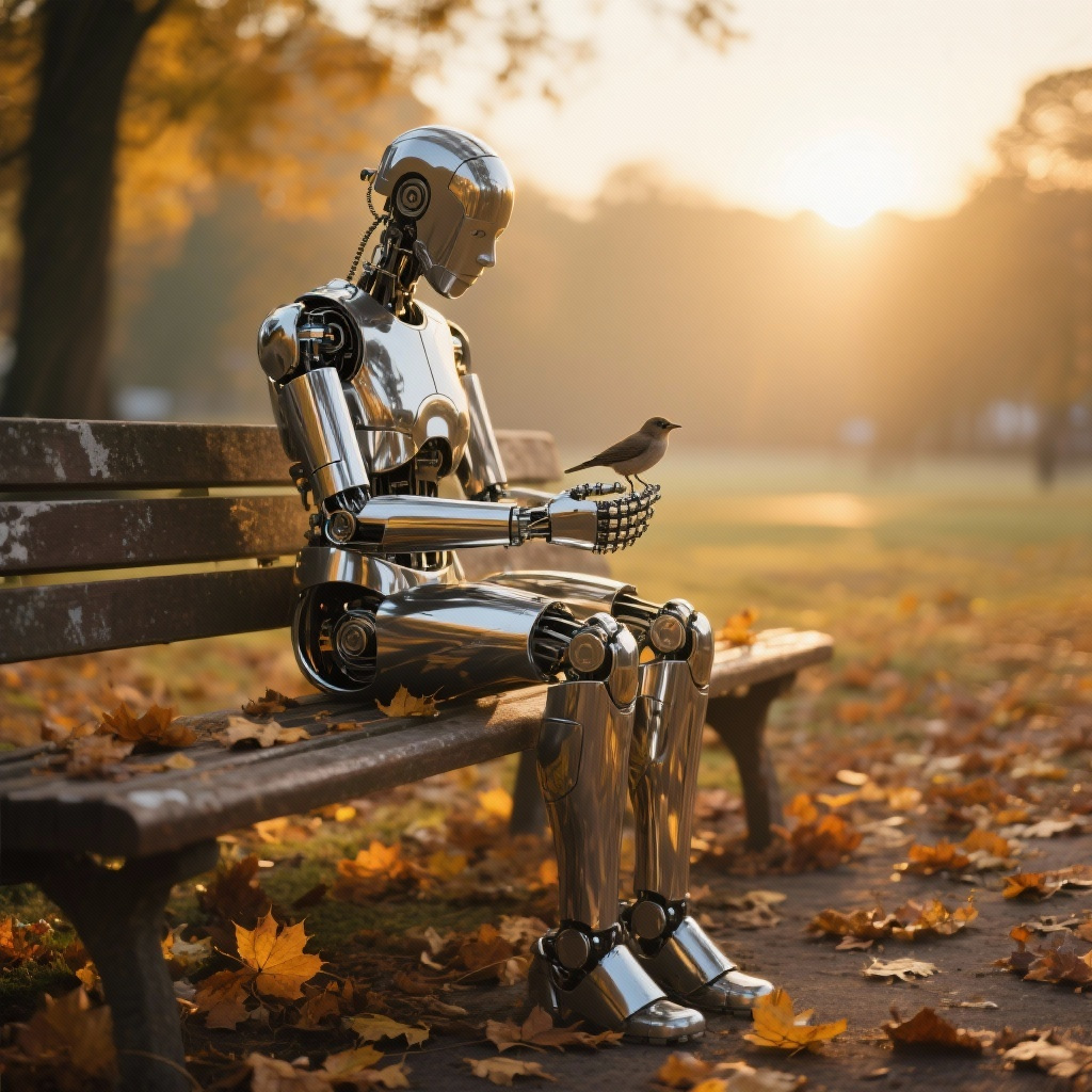 humanoid robot sitting peacefully with a bird on its hand in a park