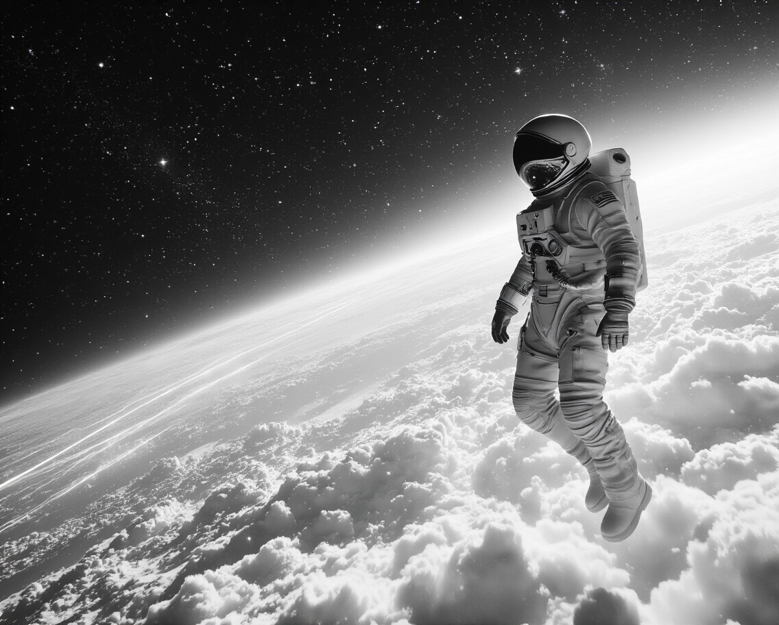 astronaut standing above the clouds in black and white scene